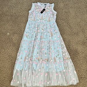 Tolani Light Blue Maxi Dress with Pink & Gold Floral Embroidery